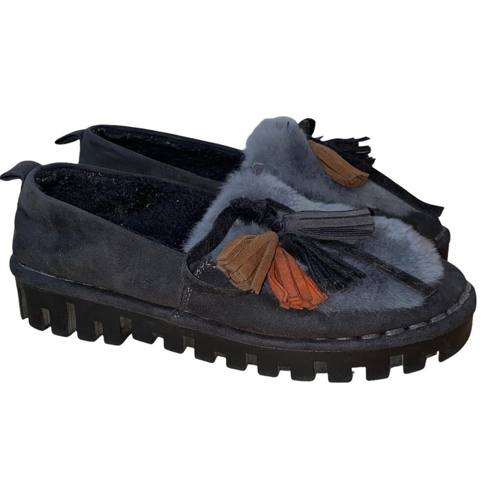 Shang Faux Fur Tassel Clog Slippers Gray Platform Slip-On Shoes 7.5